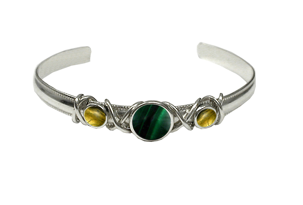 Sterling Silver Hand Made Cuff Bracelet With Malachite And Citrine